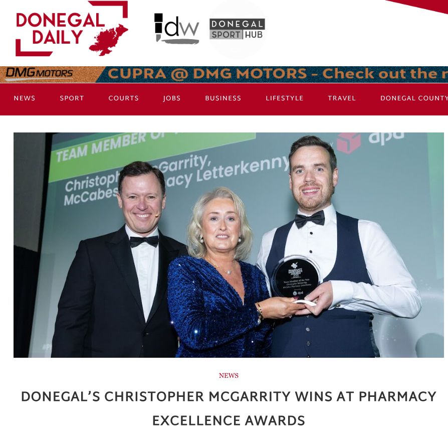PharmExcellence's tweet photo. Christopher McGarrity of @McCabesPharmacy  has been named Team Member of the Year at this year's Awards! 🎉

The Donegal Daily article highlights his dedication and impact in the community.

Read more 👉https://t.co/0GEPgZUJv4

#Pharma25 https://t.co/I3sHwD5p8L