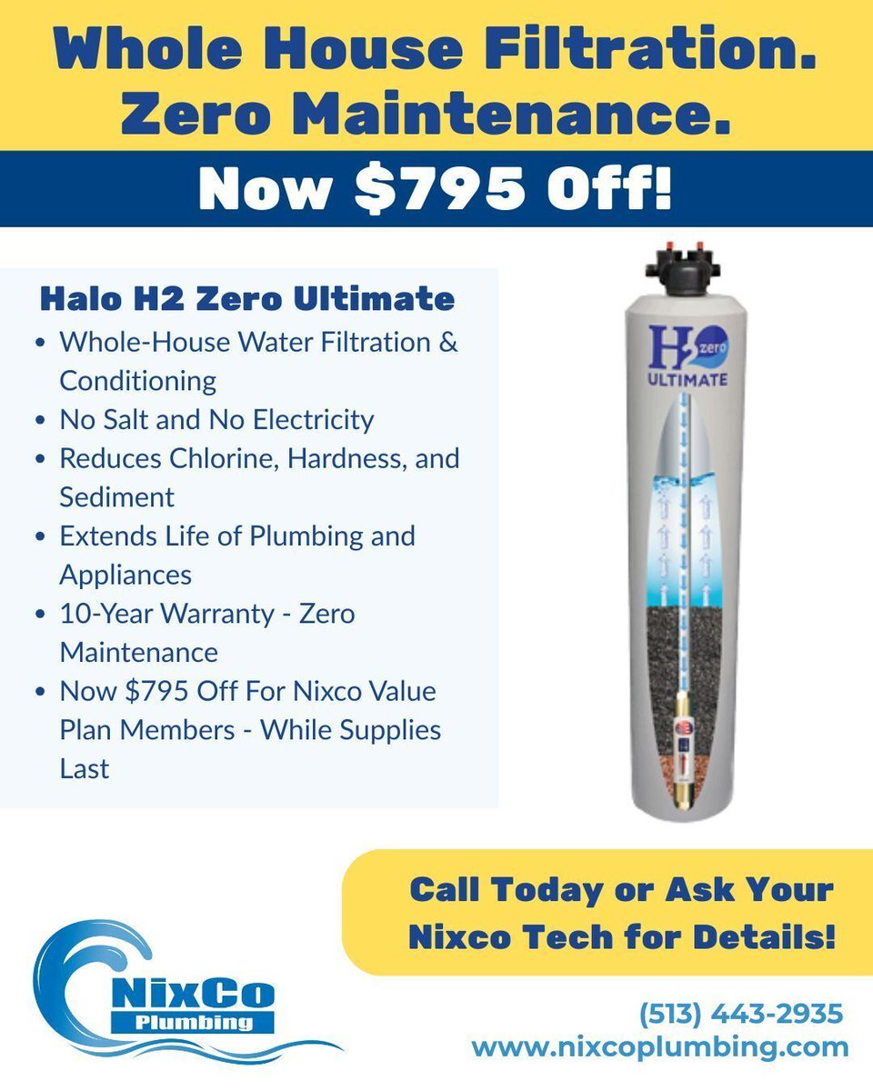 NixcoPlbg's tweet photo. 💧 Save $795 on the Halo H2 Zero Ultimate with Nixco Plumbing! This no-salt, no-electricity, zero-maintenance system filters and conditions your home's water, reducing chlorine, hardness, and sediment!  Call (513) 443-2935.  Available while supplies last! https://t.co/AhlUT08xgL