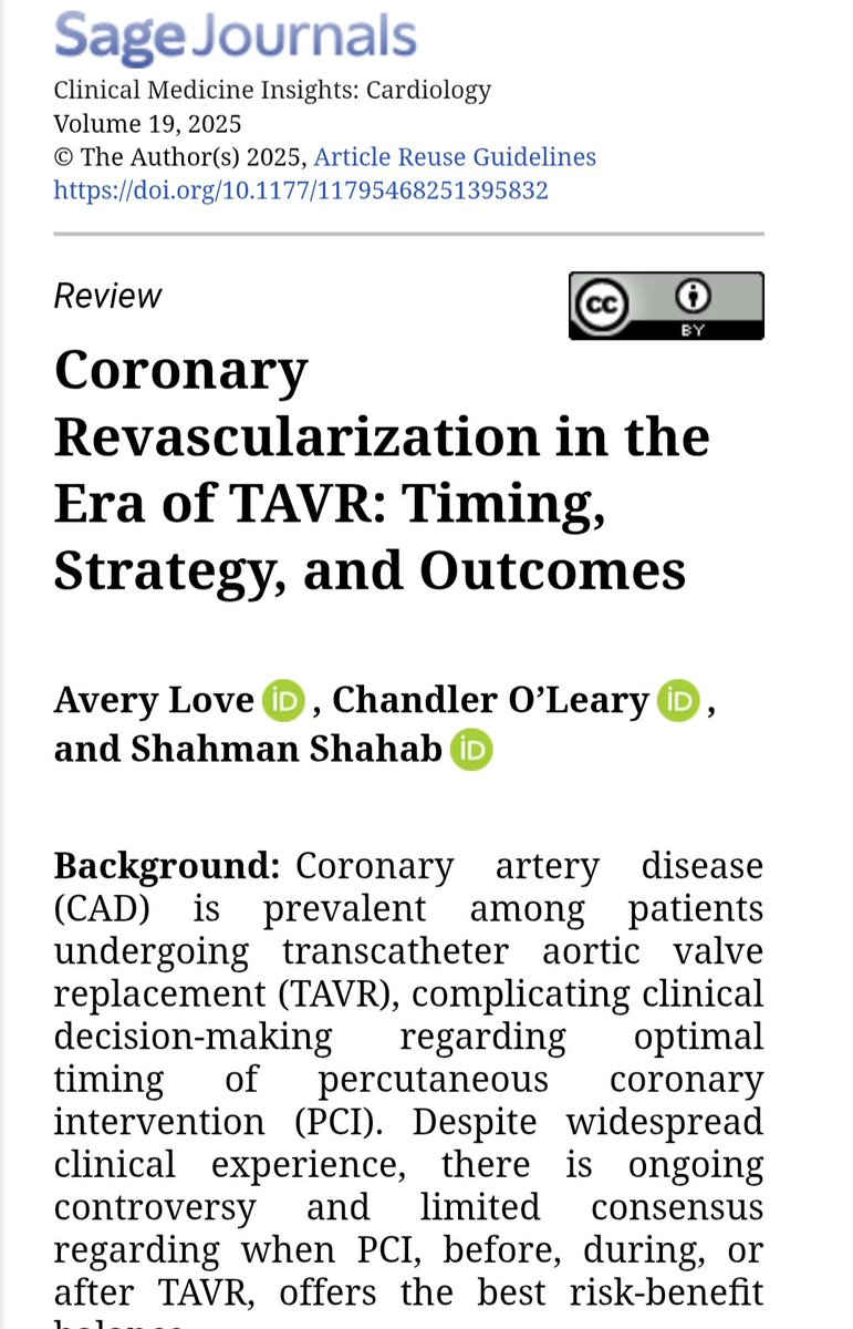 Avery_Love__'s tweet image. 📢 Excited to share my latest publication in @SageJournals !
Our review, “Coronary Revascularization in the Era of TAVR: Timing, Strategy, and Outcomes,” explores current evidence and evolving best practices for PCI around TAVR. @UTMBInternalMed @utmbcardiology #TAVR #PCI #cards