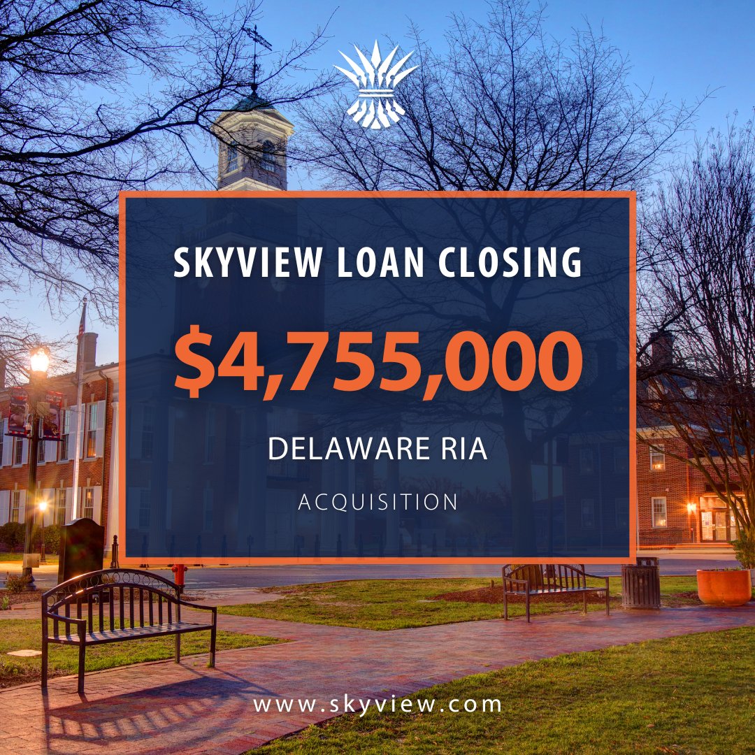 We are excited to share a recent $4,755,000 loan closing for a Delaware RIA, used to finance a practice acquisition.

Exploring capital for an acquisition or internal succession? Our team is here to help: lnkd.in/gP7k33Dp