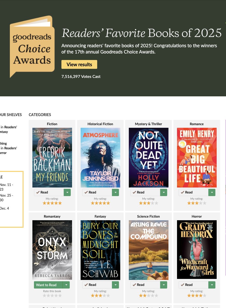 Goodreadsの読者が選ぶアワード発表。
goodreads.com/choiceawards/b…
一応ほとんどは読んでいたけれど、Rebecca Yarrosのは２巻目で呆れ果てて力なく笑って以来二度と読むつもりはないので今後もパス。
このアワードと私の趣味が重なることはほとんどないのだけれど今回は１つ重なっていてかえって驚いた😂