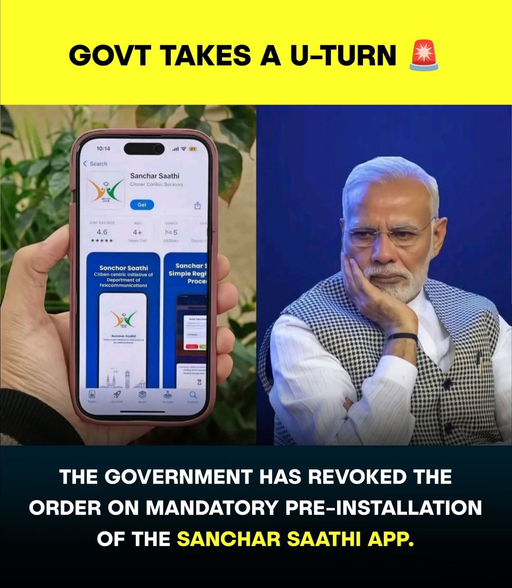 thuglifenews's tweet photo. Govt Takes A U-turn! Mandatory Sanchar Saathi App Pre-installation Order Revoked. 🚨
#sancharsaathi #govtuturn #appinstallation #indianews #modigovt #techpolicy #revokeorder #indianpolitics #smartphone #trendingnow https://t.co/MtzKmLAhCo