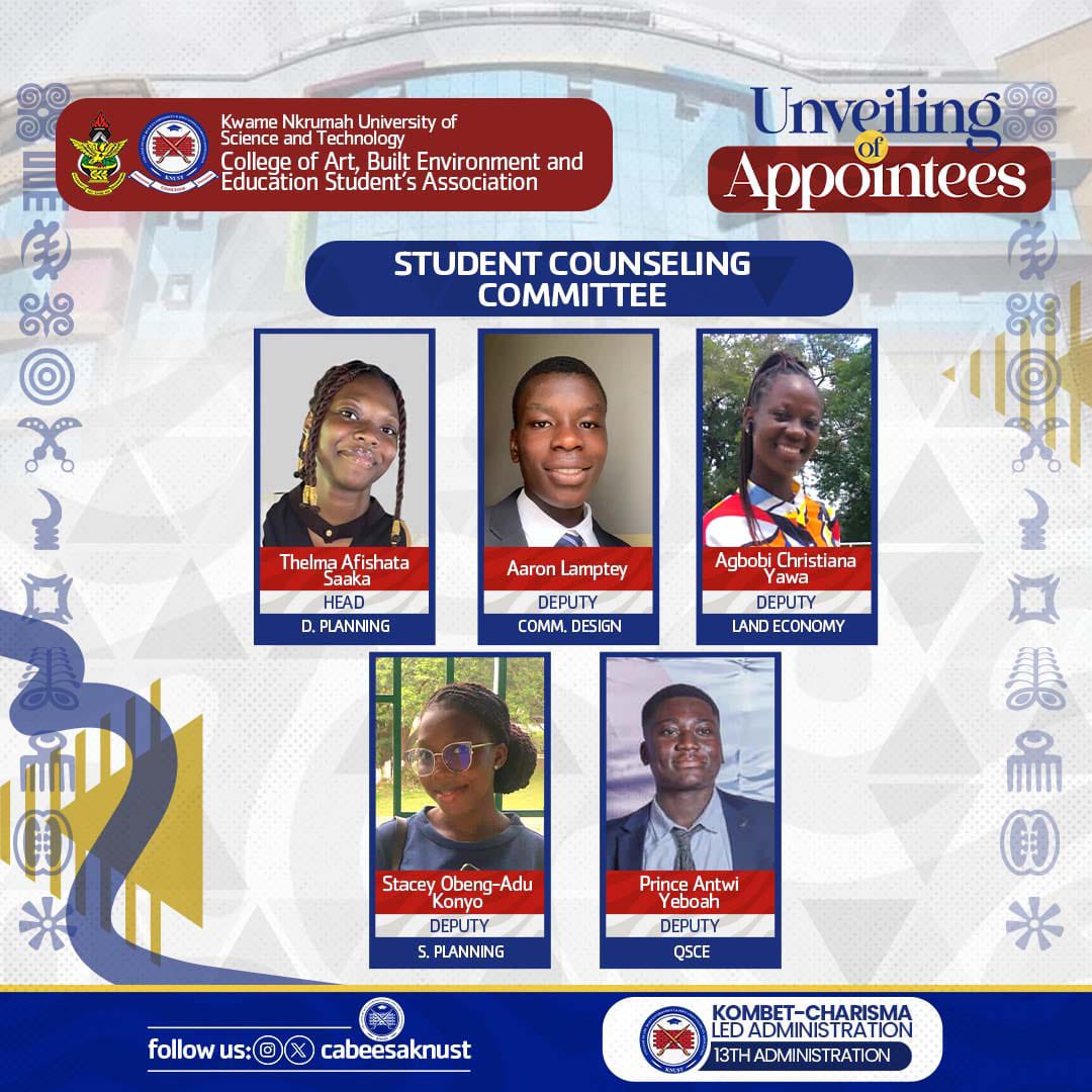 🔵⚪️CABEESA KNUST
🔰 UNVEILING OF APPOINTEES 

We are excited to introduce the Students’ Counselling Committee for the 2025/26 CABEESA Administration.
Meet the supportive and dedicated team ready to guide, assist, and promote student well-being throughout the academic year.✅