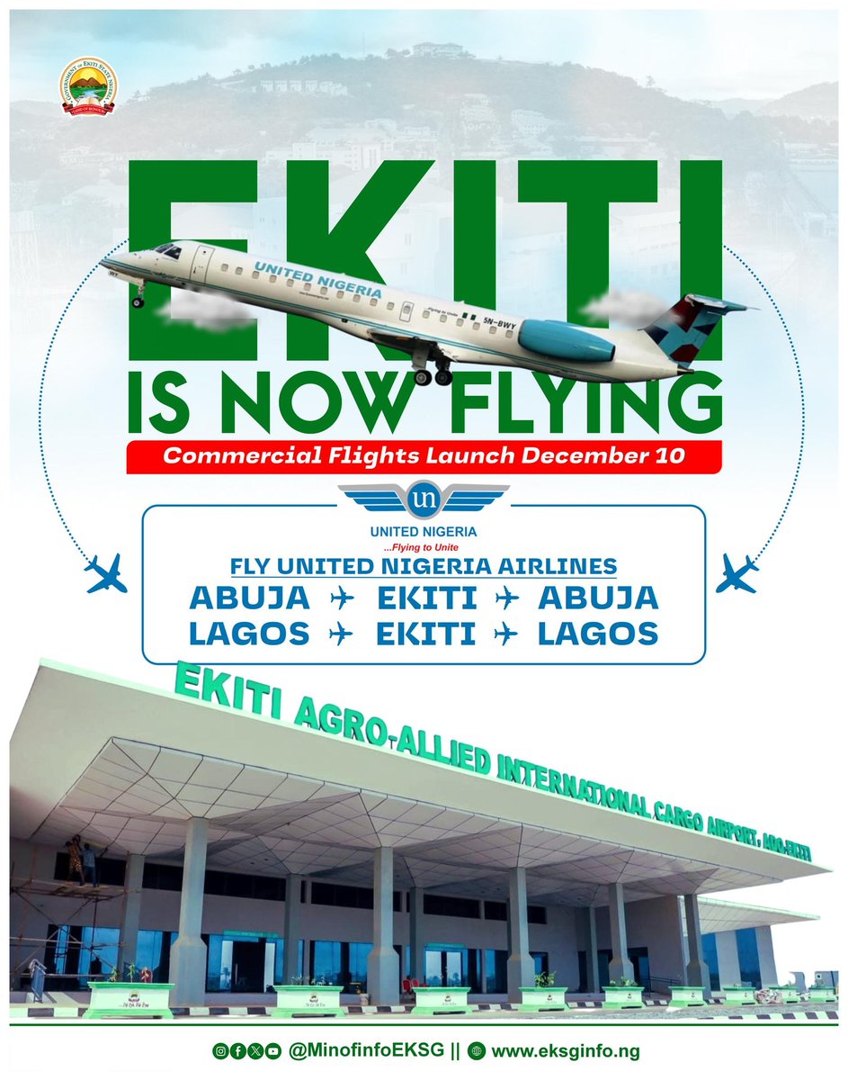 TanimolaKolade's tweet image. The Ekiti State Government wishes to notify the general public that booking is now open for commercial flights to Ekiti on the United Nigeria Airlines platform.

Residents, visitors, and business travellers can now book direct flights to and from Ekiti, Abuja, and Lagos via the…