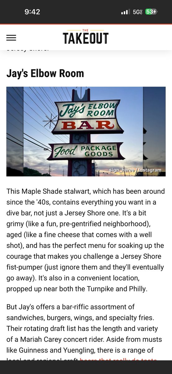 Hauntlink's tweet photo. Hey @JoeThristino and @thetakeout maple shade is 68 miles from the shore. It’s on the opposite side of New Jersey. What do you type dive bar, New Jersey, and shore in ChatGPT? Some stuff on your website are just plain wrong. https://t.co/pqHIAzvN0F
