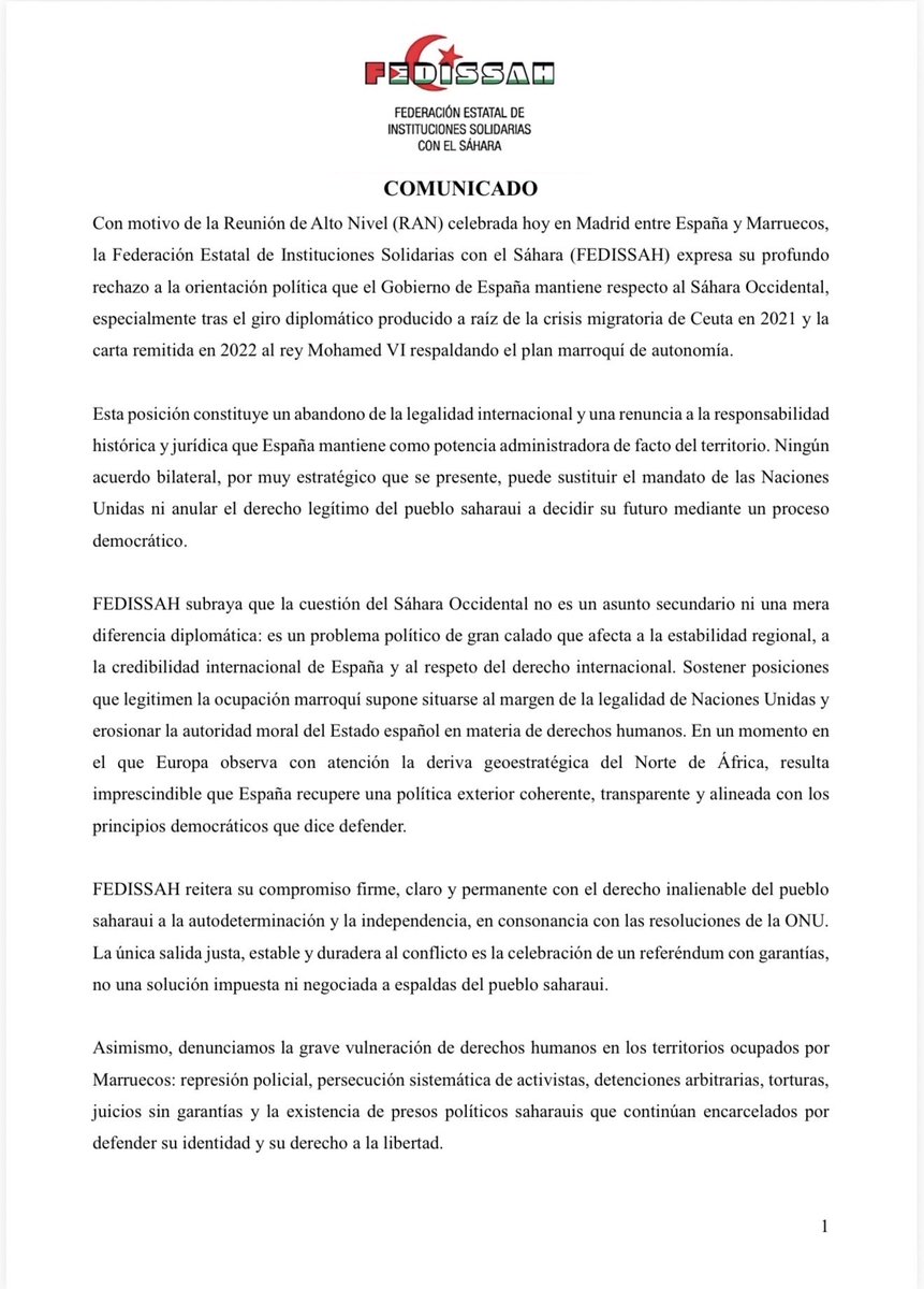 oubibachir's tweet photo. #Las_Palmas (Canarias), 04.12.2025: Comunicado de la Federación Estatal de Instituciones Solidarias con el Sáhara 🇪🇭 (FEDISSAH) Con motivo de la Reunión de Alto Nivel (RAN) celebrada hoy en Madrid entre #España 🇪🇸 y #Marruecos 🇲🇦 (👇) https://t.co/lsOKkOoYlZ