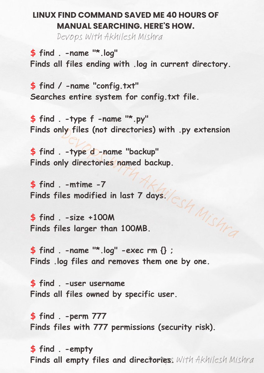 livingdevops's tweet image. Linux find commands saved me 40 hours of manual searching.