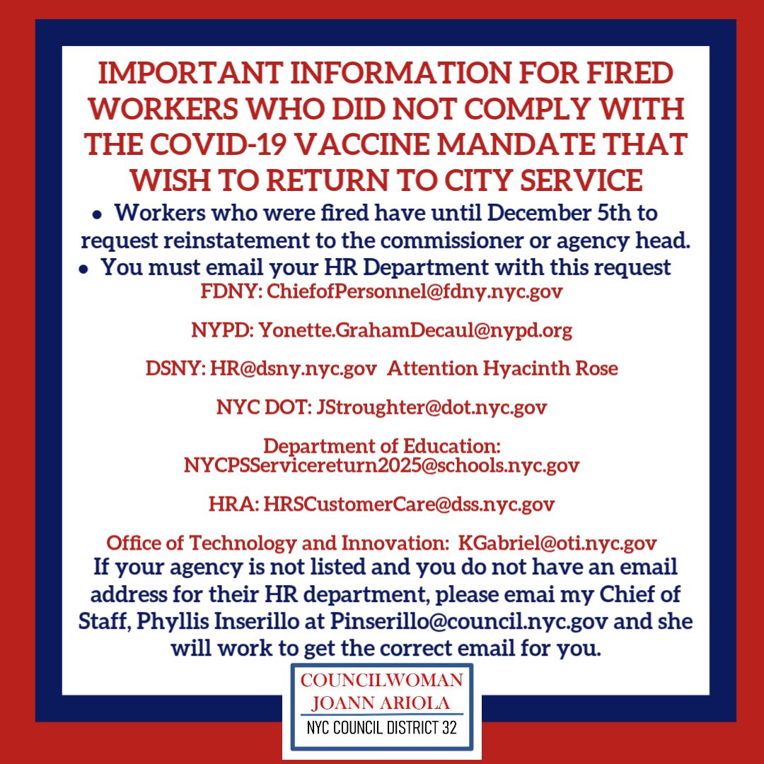 ⚠️📅 𝐎𝐍𝐄 𝐌𝐎𝐑𝐄 𝐃𝐀𝐘 📅⚠️

Attention those who lost their jobs due to COVID-19 vaccine mandate noncompliance:
If you were FIRED due to the COVID-19 vaccine mandate in 2021 or thereafter, the city is allowing you to request reinstatement up until December 5. 

Please make