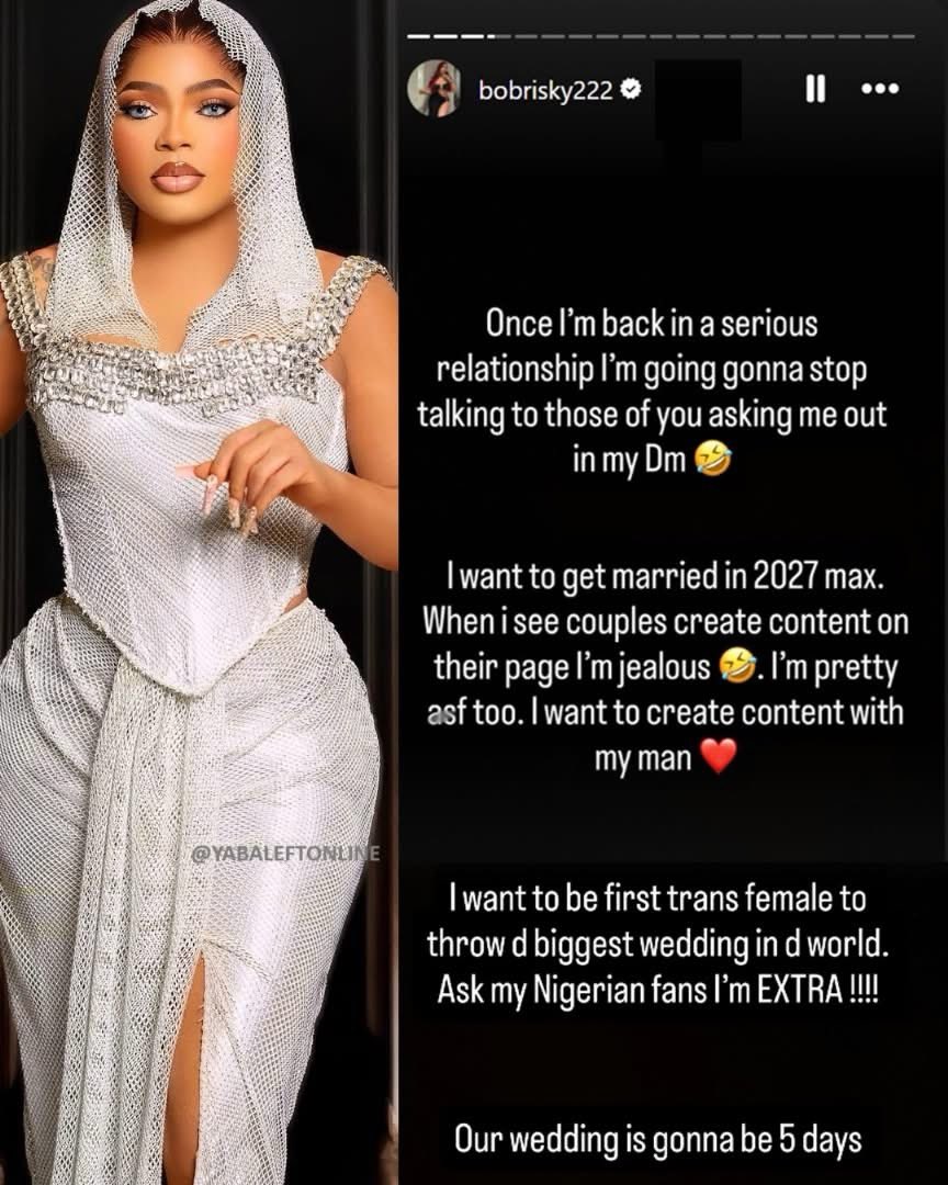 "I want to be first trans female to throw the biggest wedding in the world" – Bobrisky says
 Natasha|| BNXN||Regina Daniel