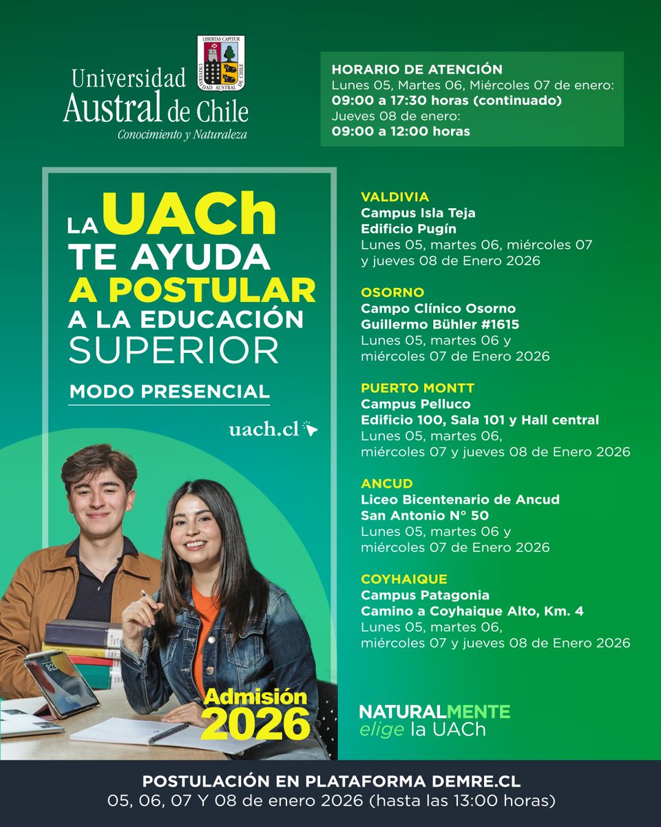 ¡Que tu postulación sea más fácil! 🙌

😃La Universidad Austral de Chile te ayuda a postular de manera presencial en distintas sedes del sur de Chile.
