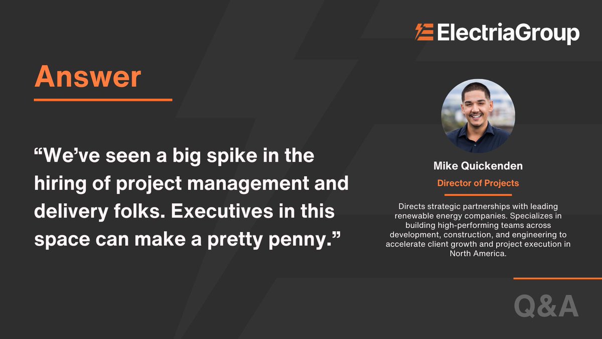 ElectriaGroup's tweet image. What jobs in the solar, grid, BESS &amp;amp; energy projects field have the highest salary?

Thank you to our Director of Projects Mike Quickenden for your insights!

#BESS #Solar #EnergyProjects #grid #NorthAmericaJobs #RenewablesJobs
