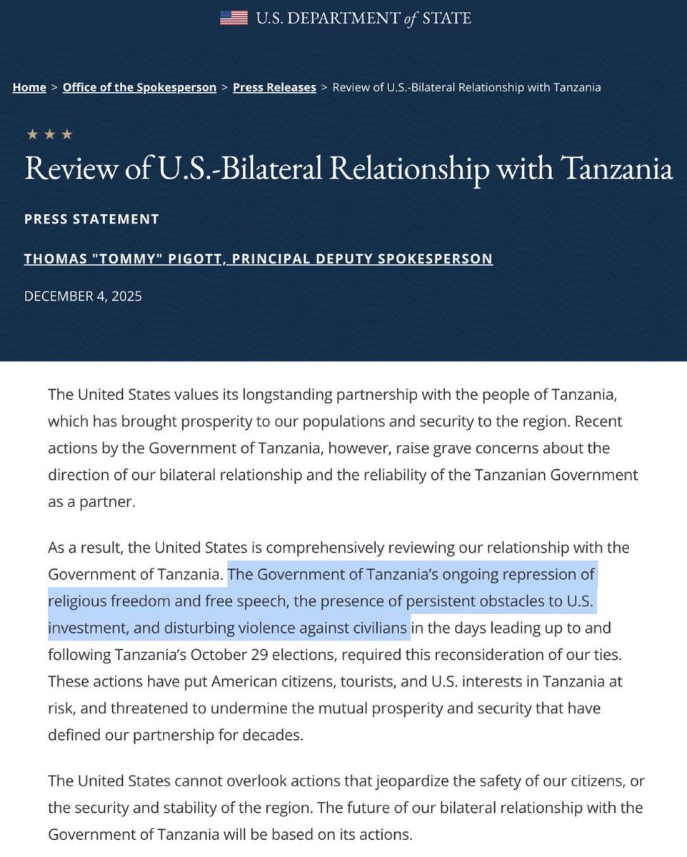 BREAKING: Marekani inapitia  upya kuangalia uhusiano wake na Tanzania baada ya "ukandamizaji unaoendelea" wa serikali na "unyanyasaji dhidi ya raia," Wizara ya Mambo ya Nje yatangaza.

Ikumbukwe Rais aloishia kidato cha nne aliurithi urais kwa sababu ya jinsia yake kuwa makamu