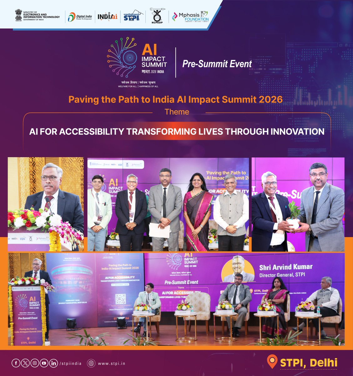Shri <a href="/arvindtw/">Arvind Kumar</a>, Director General, STPI, delivered an insightful special address in the esteemed presence of Shri S. Krishnan (<a href="/SecretaryMEITY/">S Krishnan</a>), Secretary, MeitY, along with other dignitaries at the Pre-Summit Event, ‘Paving the Path to India-AI Impact Summit 2026’, held on World
