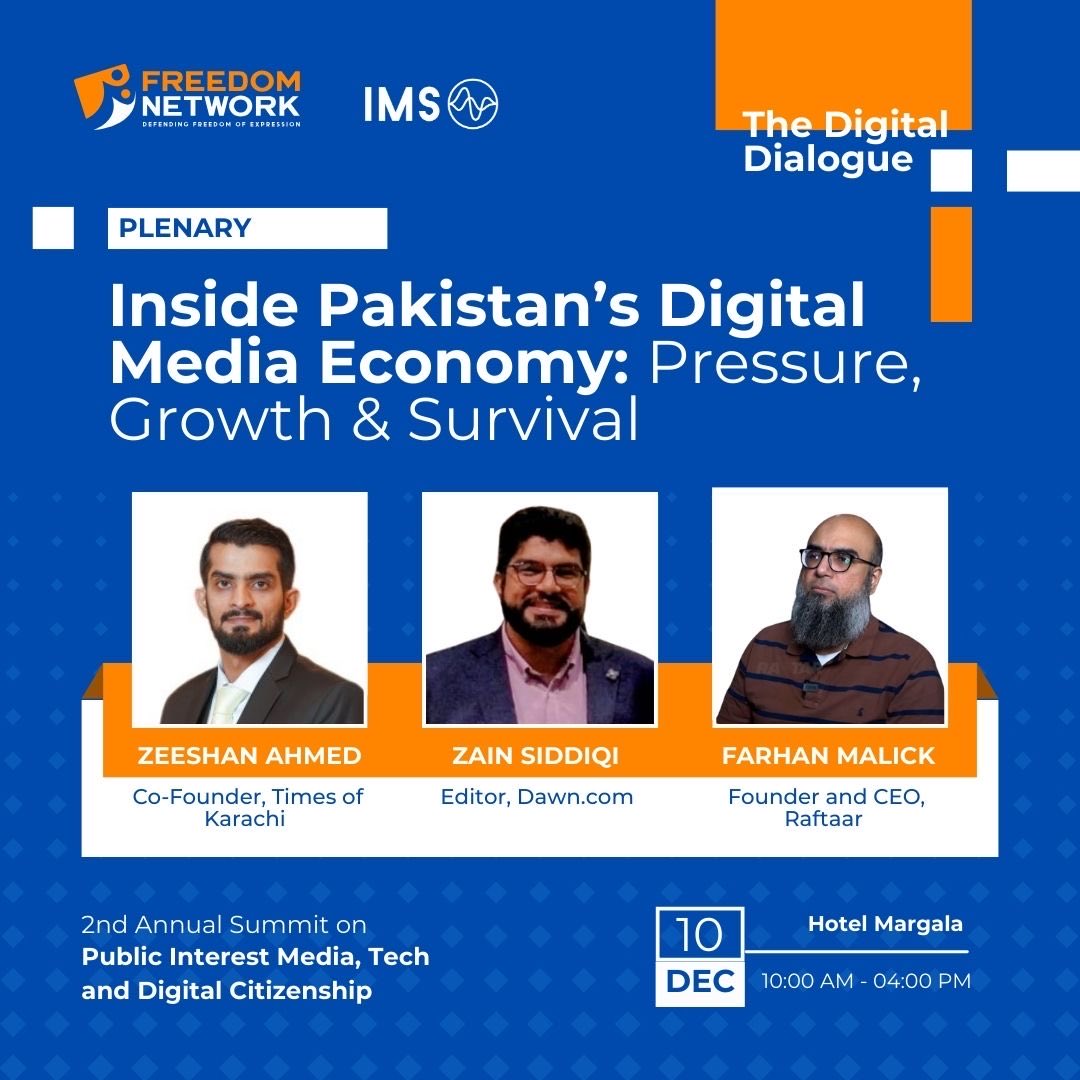 pressfreedompk's tweet image. This panel at The Digital Dialogue looks at what it really takes to survive and grow in Pakistan’s digital media economy.
With: Zeeshan Ahmed (Times of Karachi), Zain Siddiqi (Dawn.com) &amp;amp; Farhan Malick (Raftaar).
Stay tuned
#TheDigitalDialogue #FreedomNetwork