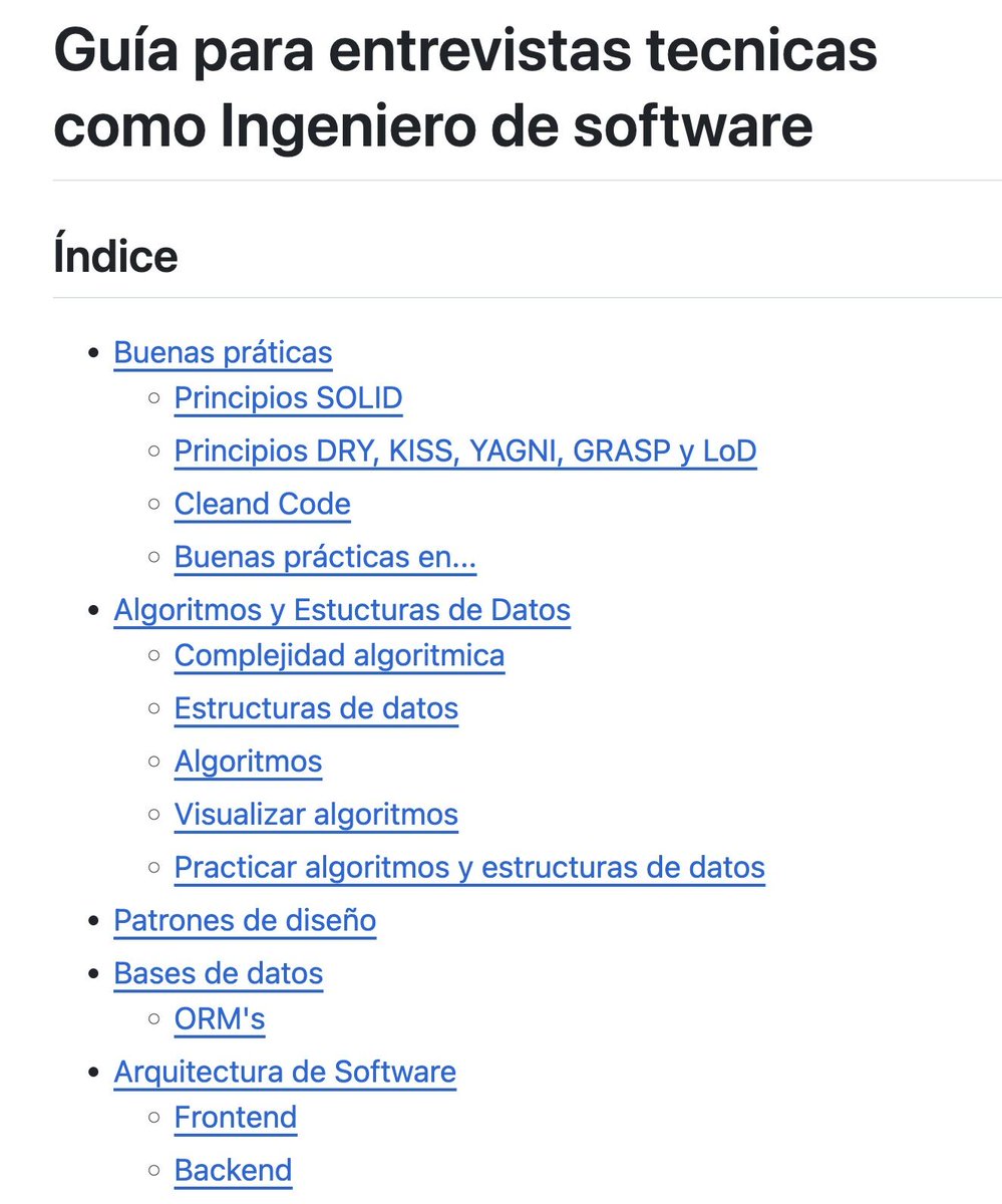 midudev's tweet image. ¡Guía para entrevistas técnicas de programación!

✓ Patrones de diseño
✓ Arquitectura de software
✓ Buenas prácticas y Clean Code
✓ Algoritmos y estructuras de datos
✓ Preguntas típicas por lenguaje y tecnología

→ github.com/DevCaress/guia…