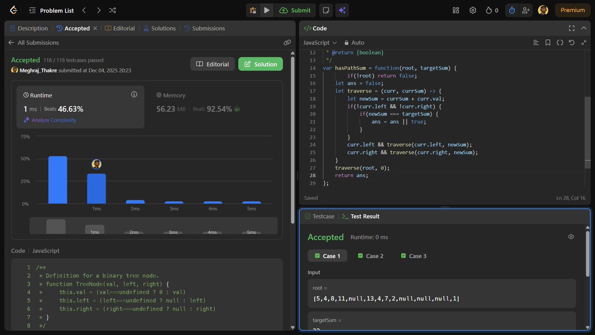 meghraj_thakre1's tweet image. DSA Day 81 
Solved the Path Sum problem today using recursion + DFS.
Just check every root-to-leaf path and match the sum — clean and simple.
#DSA #javascript #recursion #100DaysOfCode