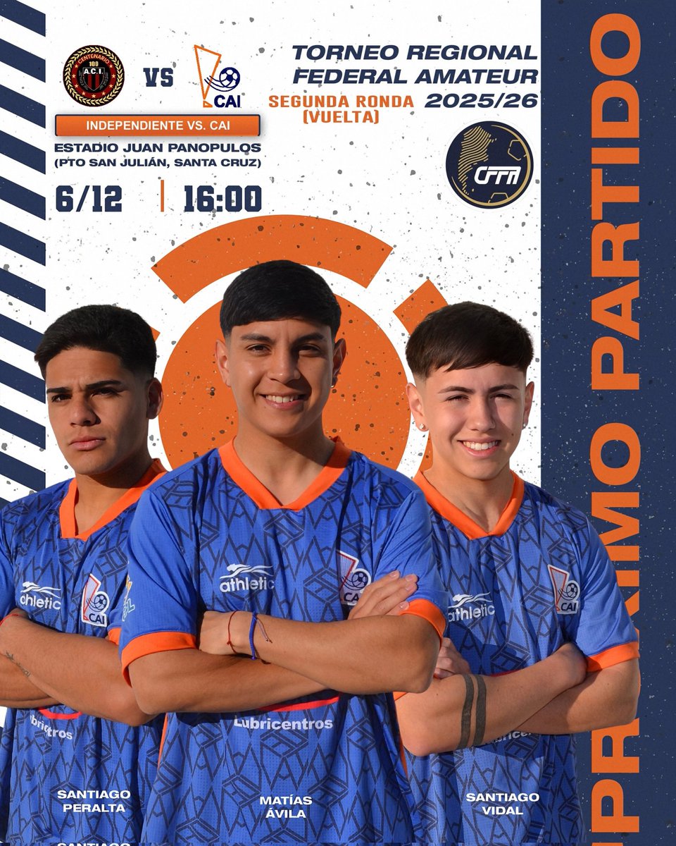 🔜 ¡𝗣𝗥𝗢́𝗫𝗜𝗠𝗢 𝗣𝗔𝗥𝗧𝗜𝗗𝗢!

🏆 Torneo Regional Federal Amateur 2025/26
📍 Región Patagónica - Segunda Ronda | Vuelta
⚽ Independiente (PSJ) 🆚 CAI
🗓 Sábado 6/12
🕓 16.00
🏟️ Estadio Juan Panopulos
📌 Puerto San Julián, Santa Cruz

 #DaleCAI 🔶🔷