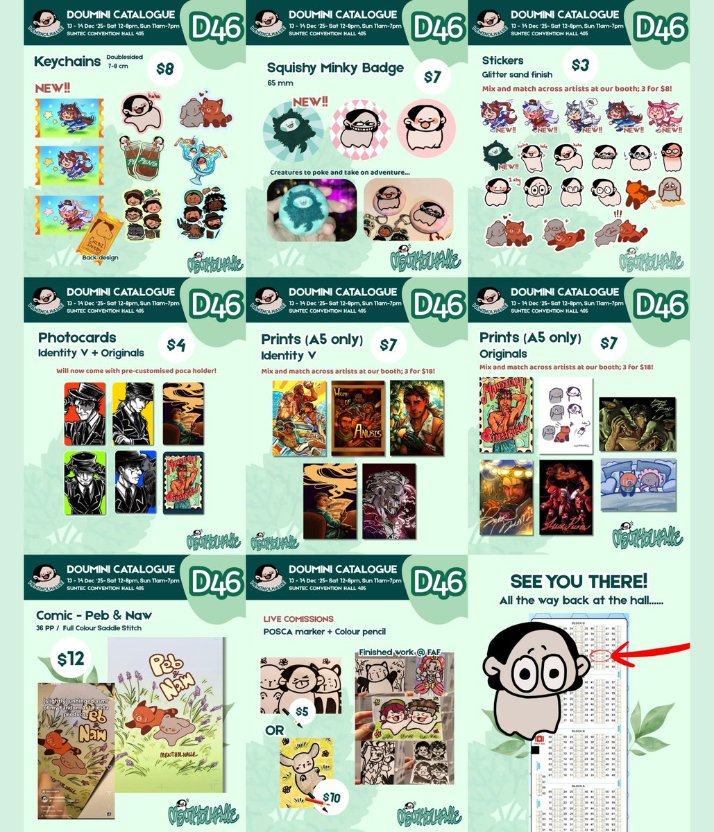 Posting my catalogue for doumini!
#doumini #doumini2025
Not much added due to severe burnout this year 🥲🥲
I will be with <a href="/NPCdragonboi/">Ali | Commission: OPEN</a>  and <a href="/Zahrowl/">Zahrowl</a> ! 

Come check us out next week :)