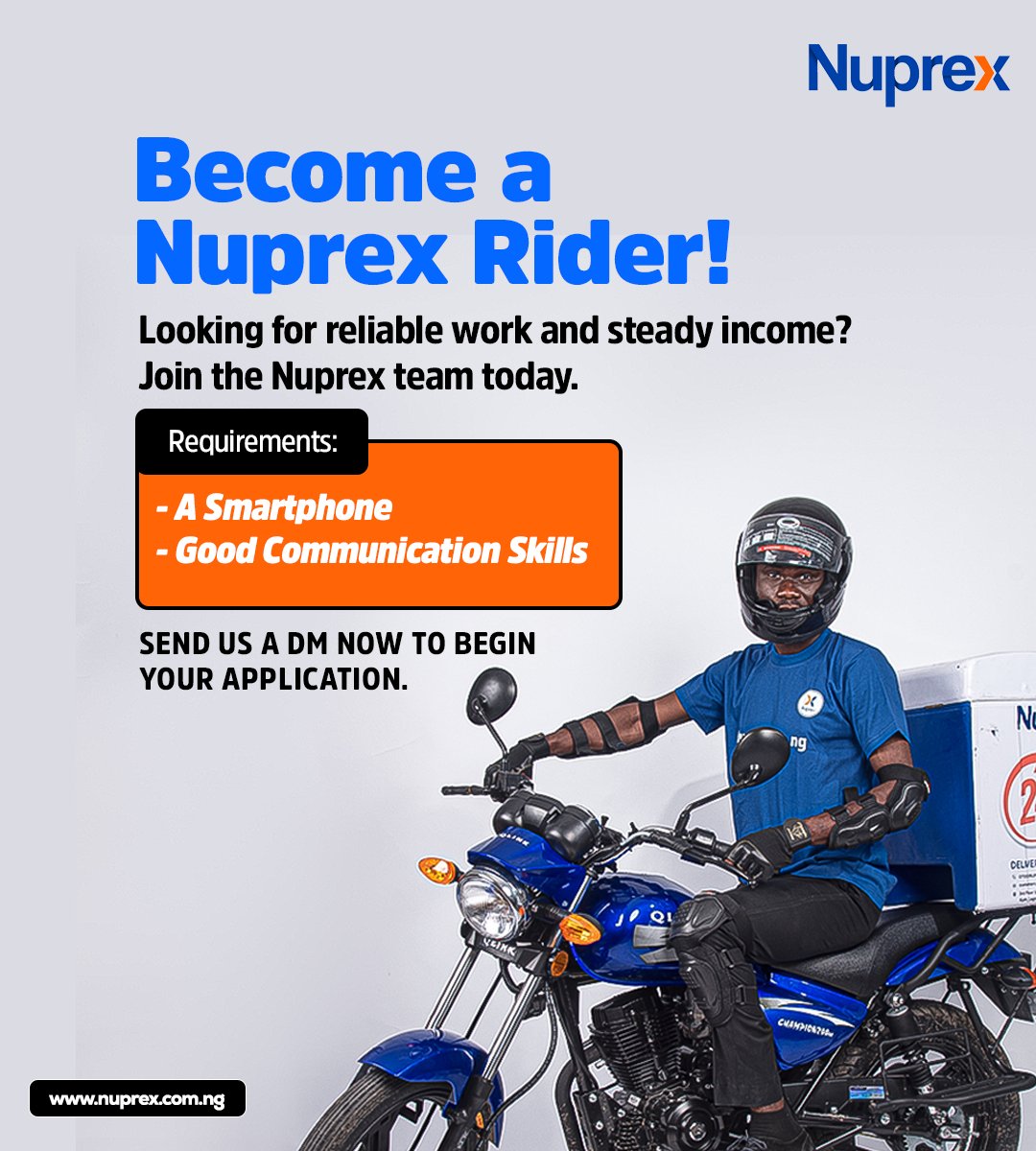 Nuprexltd's tweet photo. Looking for steady income as a rider? 🚴‍♂️
 Join the Nuprex team today! Click the link in bio to apply. https://t.co/XJ7t48FhAY