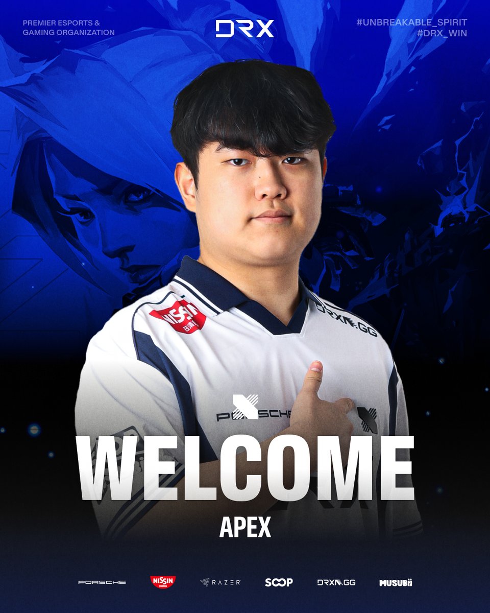 𝐖𝐞𝐥𝐜𝐨𝐦𝐞 𝐭𝐨 𝐃𝐑𝐗 - 𝐚𝐩𝐞𝐗

A new apeX predator is among us.
Please join us in welcoming <a href="/apeXVLRT/">apeX 🇰🇷</a> to DRX VALORANT Academy.

#UnbreakableSpirit #VALORANT