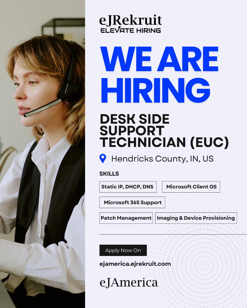 ejangar's tweet image. We’re hiring a Desk Side Support Technician (EUC) in Hendricks County, IN! If you excel in IT support, end-user computing, troubleshooting, and technical solutions.
Build your tech career with us. Apply today.

#ITJobs #TechSupport #EUC #HendricksCounty #CareerOpportunity
