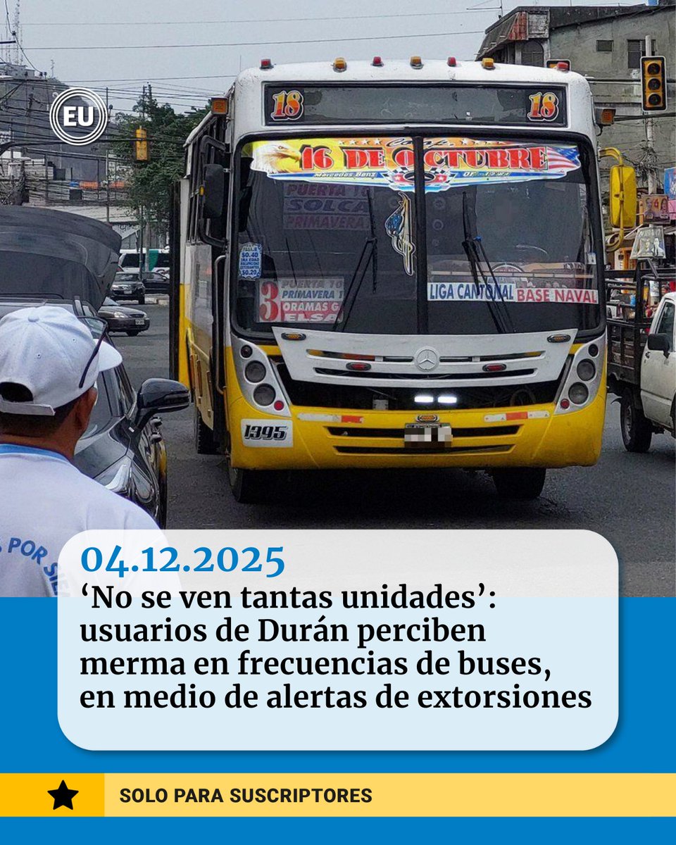 ‘No se ven tantas unidades’: usuarios de #Durán perciben merma en frecuencias de #buses, en medio de alertas de extorsiones ow.ly/PvWY50XBRH2