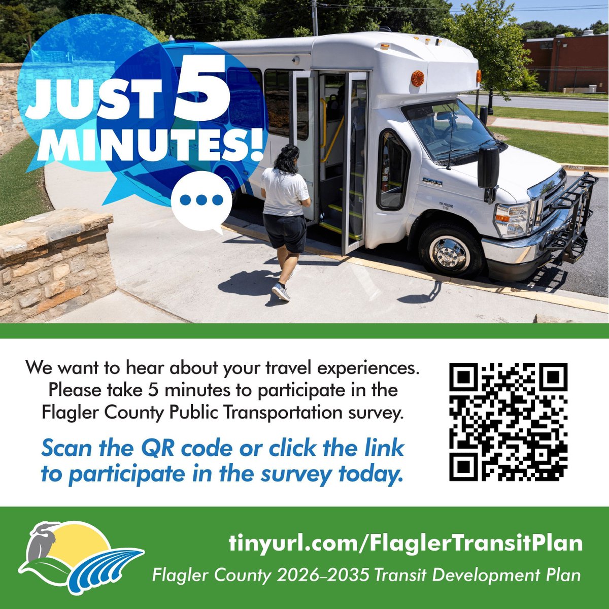 Flagler County is seeking input on travel experiences and public transportation within the county. Take the 5-minute survey today and provide vital input that can help shape the future of transportation in our community. Visit tinyurl.com/FlaglerTransit… to get started!