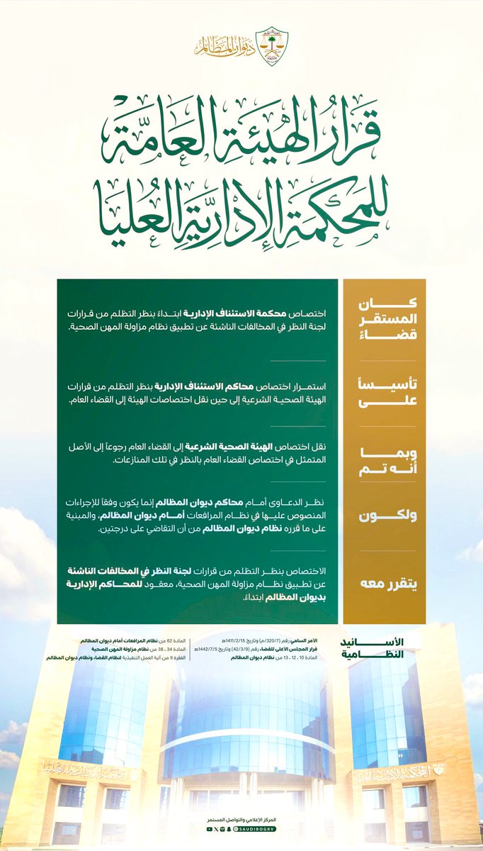 قرار مهم للممارسين الصحيين:
أصدرت الهيئة العامة للمحكمة الإدارية العليا قراراً يهم كل ممارس صحي، يتعلق بجهة التظلم الصحيحة عند صدور قرار من لجنة النظر في المخالفات الناشئة عن تطبيق نظام مزاولة المهن الصحية.

1) الجهة المختصة بنظر التظلّمات الآن: ديوان المظالم
أي قرار يصدر عن لجنة