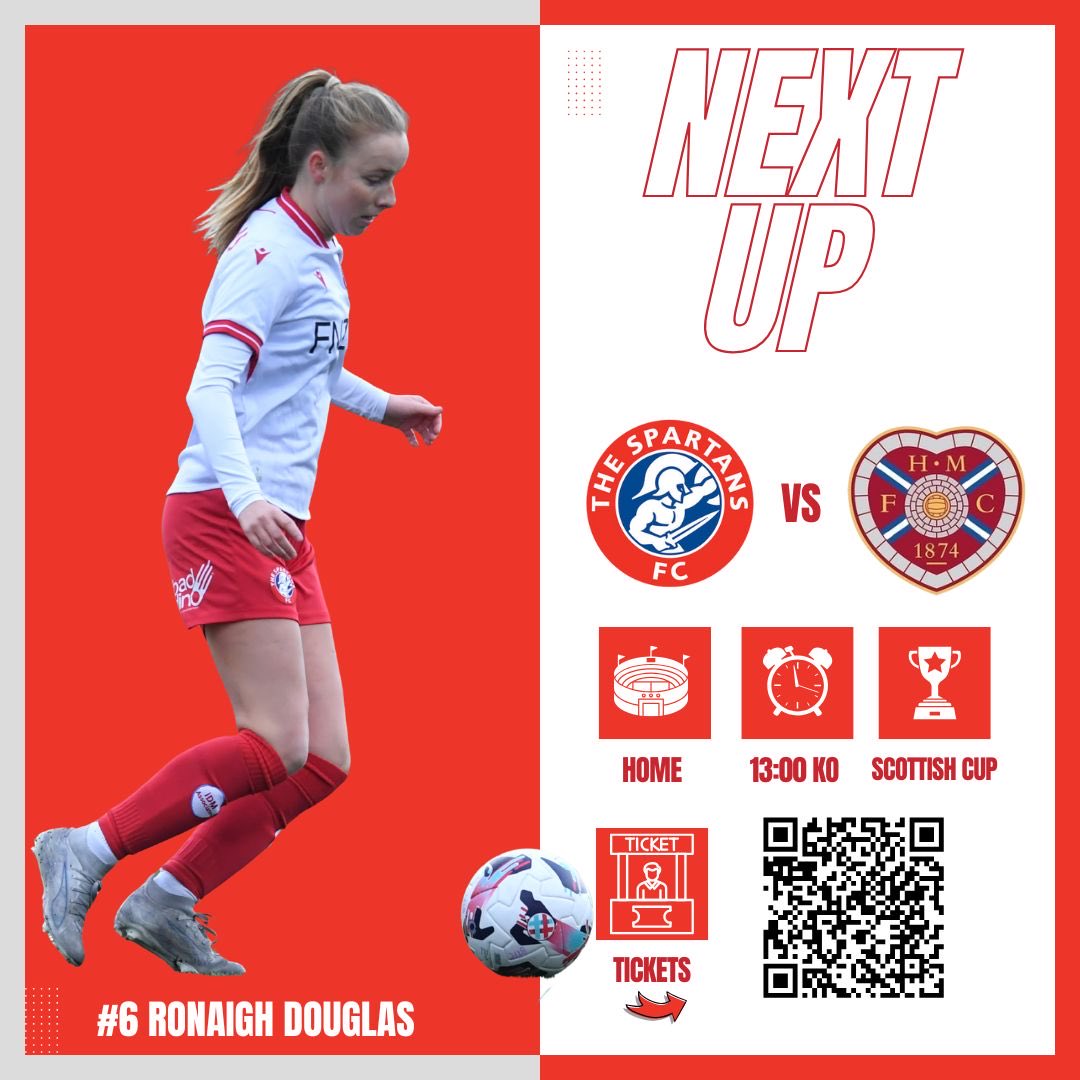 spartansfcwomen's tweet photo. 🔴⚪️ NEXT UP 🔴⚪️

📅 Sunday 7th December
🏆 Scottish Cup Round 3
🆚 Heart of Midlothian
🏟️ Vanloq Community Stadium
⏰ 1PM
☕️ Community Cafe Oopen

🎟️ Get your tickets through the QR Code above taking you straight there!

#Spartans #SWFC #DBDF https://t.co/Kt1n1yYWAf