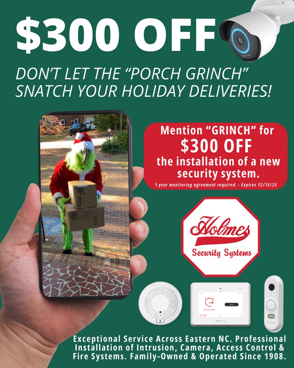 HolmesSecurity's tweet photo. The Porch Grinch is back for the holidays… but he won’t stand a chance with a Holmes Security System watching the front door.
Mention “GRINCH” and save $300 on installation this season. Protect your home, your packages, and your peace of mind. https://t.co/Wu9PlrRxO5