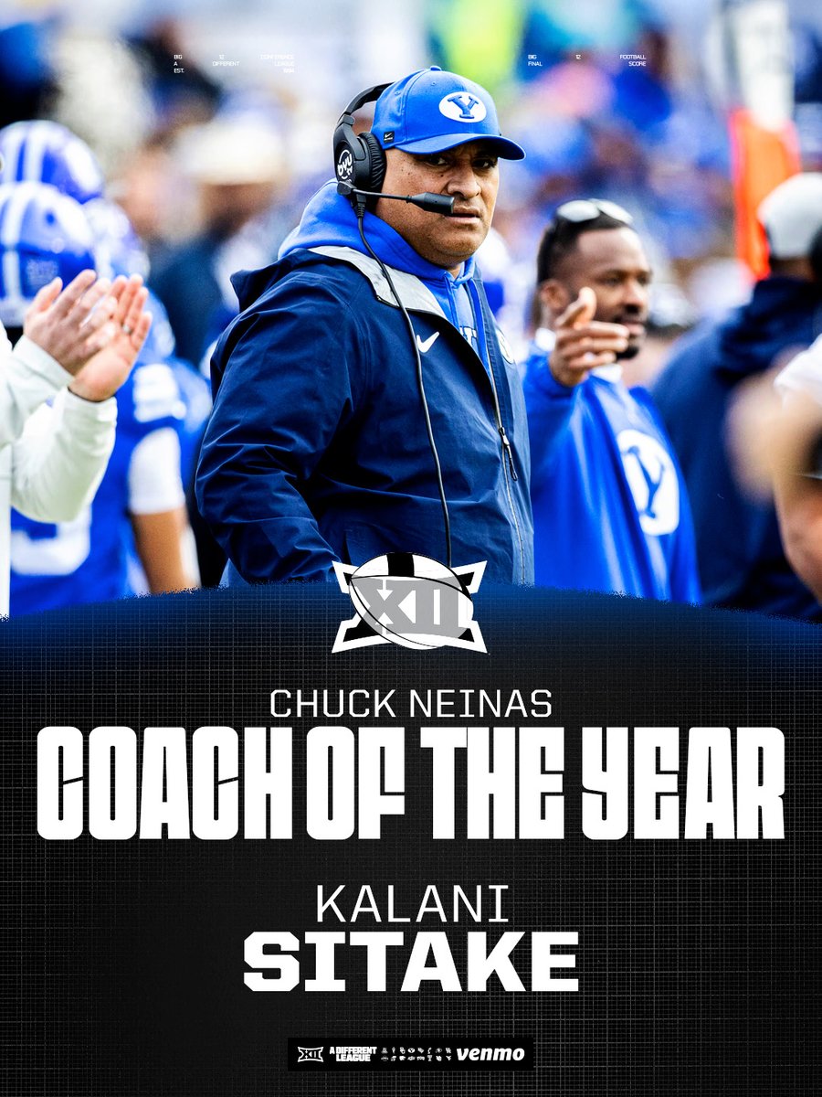 Big12Conference's tweet image. 2025 #Big12FB Chuck Neinas Coach of the Year 🏈⭐️

Kalani Sitake | @BYUfootball