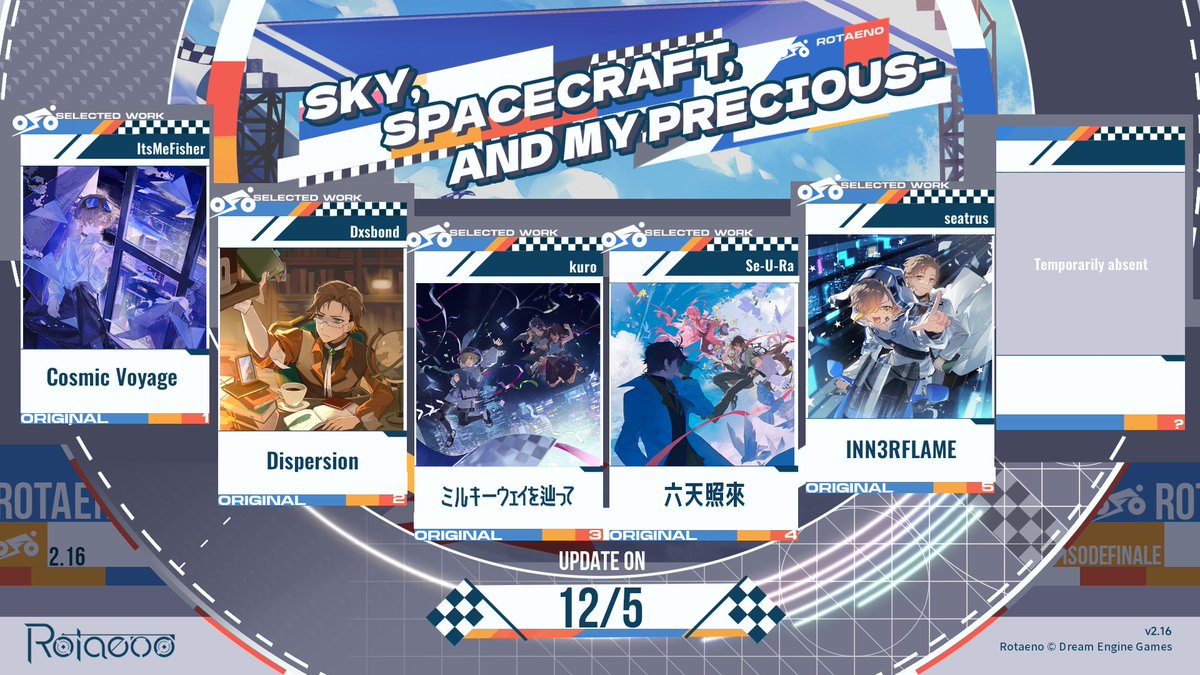 DreamEngineGame's tweet photo. 【Rotaeno Update Announcement】
Dear Pilots, V2.16 version is now live!
On your mark, get set—
=New Content=

-The song pack "Sky, Spacecraft, and My Precious—" is now available
- Limited-Time Event is live! Join now to earn event song "伊天珀凌 by:南愁Nanchou", new pilot "Cheri -Photography Lover-", "Tommy", exclusive avatars, and more!
- Brand new special pilot "Bolt -Take the Lead-" has arrived ε=ε=ε=ε=ε=ヽ( ﾟ▽ﾟ)ノ
- Track「Name of oath」is added to Starseeker's Vault (unlock when the Starseeker Level reaches 25)
- Song pack shop is now ON SALE for a limited time!
Please update your game and enjoy the latest content!

Get ready with your wheels and dash out without regret!