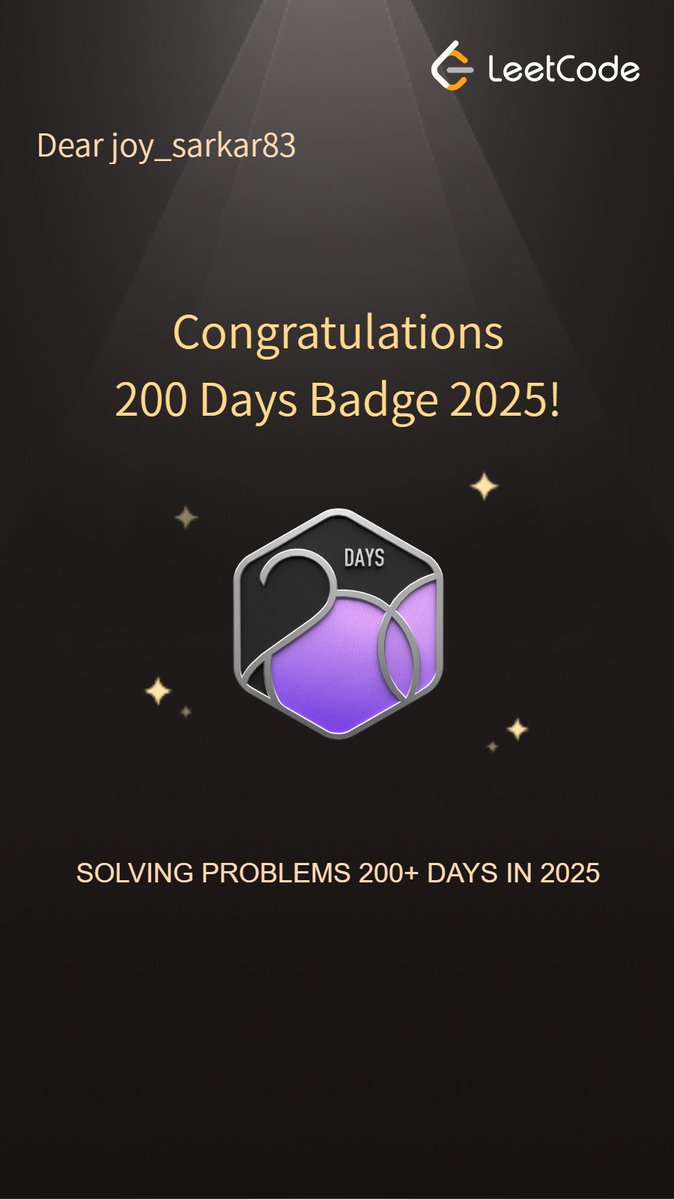 joysarkar8373's tweet image. Just completed my 201th day of problem solving on Leetcode.

The journey has been incredible so far. I started with CP however the beginning wasn&apos;t quite good but now, I&apos;m making progress.

Open to suggestions and guidance. ❤️‍🔥💬
#LeetCode #DSA #CompetitiveProgramming