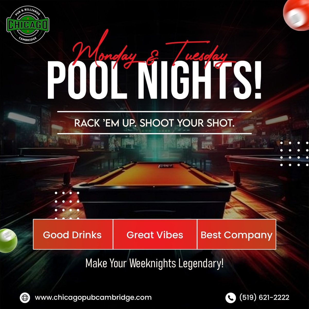 chicagopub_'s tweet image. Dive into the week with Monday &amp;amp; Tuesday Pool Nights! 🎱
Unwind, play, and vibe with your crew.
Make it a night to remember at Chicago Pub &amp;amp; Billiards! 🍻🔥
#ChicagoPubCambridge #CambridgeNights #PoolNights #BilliardsLife