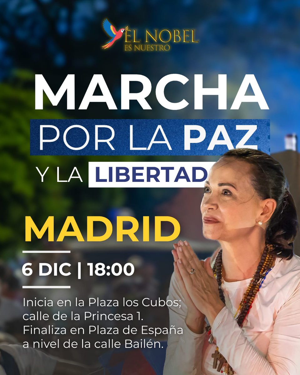MARCHA POR LA PAZ Y LA LIBERTAD 

El sábado 6, a las 18h, nos vemos en la Plaza de los Cubos. 

¡No faltes! 🇻🇪🇪🇸