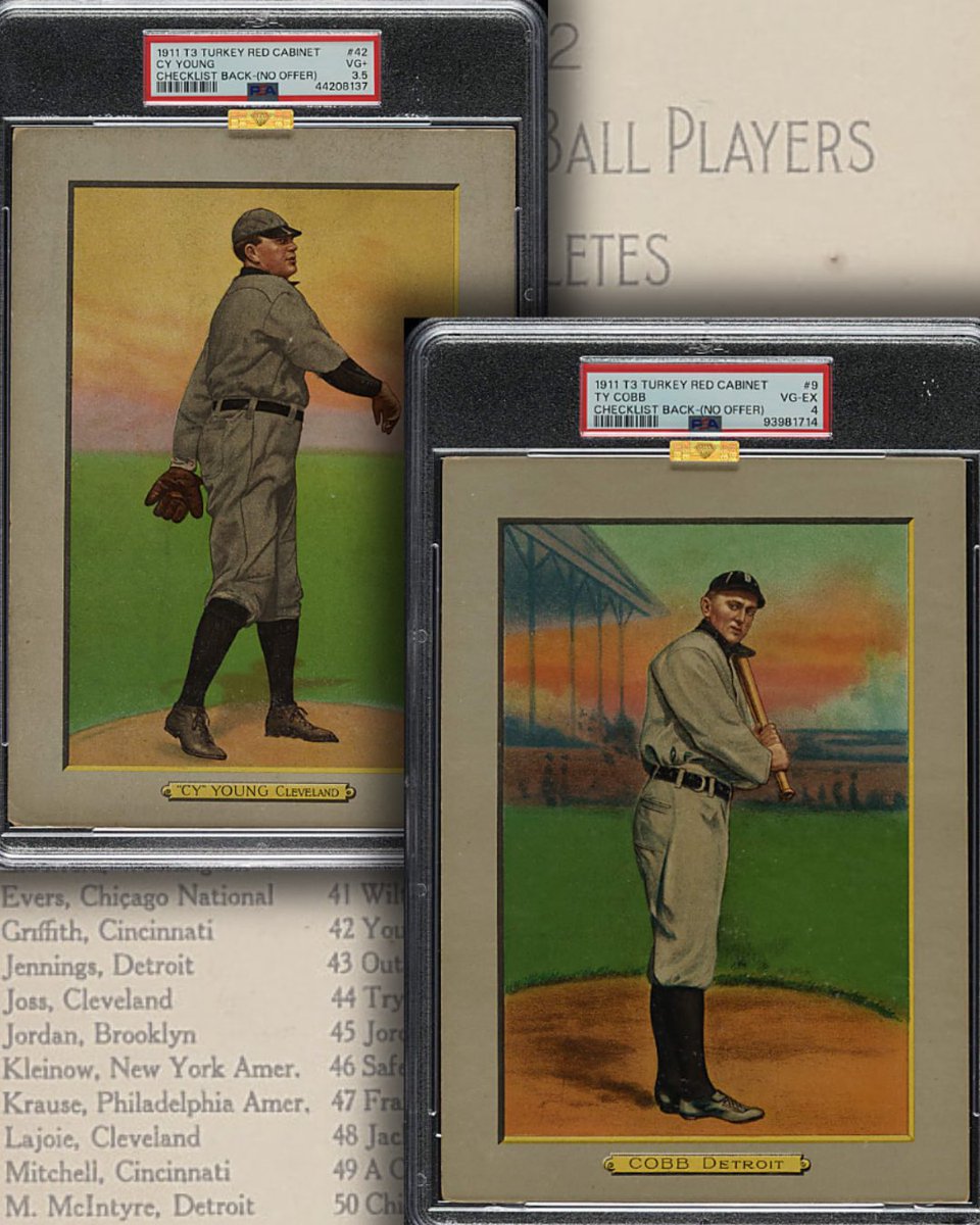 Ty Cobb and Cy Young are two of the pillars of the beautifully constructed T3 Turkey Red cabinet card series. But what makes these two even more special is that they're the only examples graded at their respective levels by PSA with none higher AND both feature the rare checklist