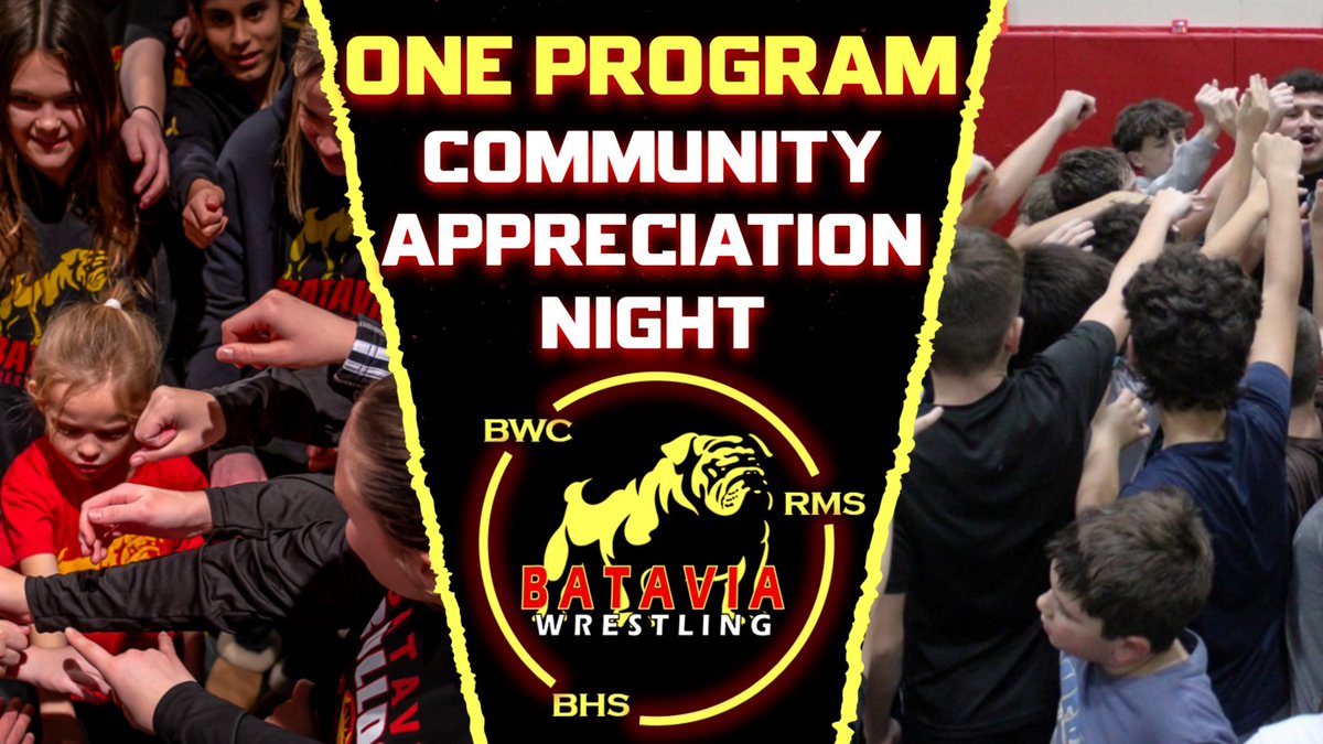 BataviaWrestler's tweet image. TONIGHT!!!
BATAVIA WRESTLING COMMUNITY APPRECIATION NIGHT
MAIN GYM
4:30 PM - RMS Boys vs. Washington MS
5:45 PM - RMS Boys &amp;amp; Girls vs. Edison MS 
7:00 PM - BHS Boys &amp;amp; Girls Varsity Duals vs. WWS 

MIDDLE GYM
5:30 PM - BHS Boys JV1 &amp;amp; JV2 vs. WWS

PARENT SOCIAL @ Sturdy Shelter…