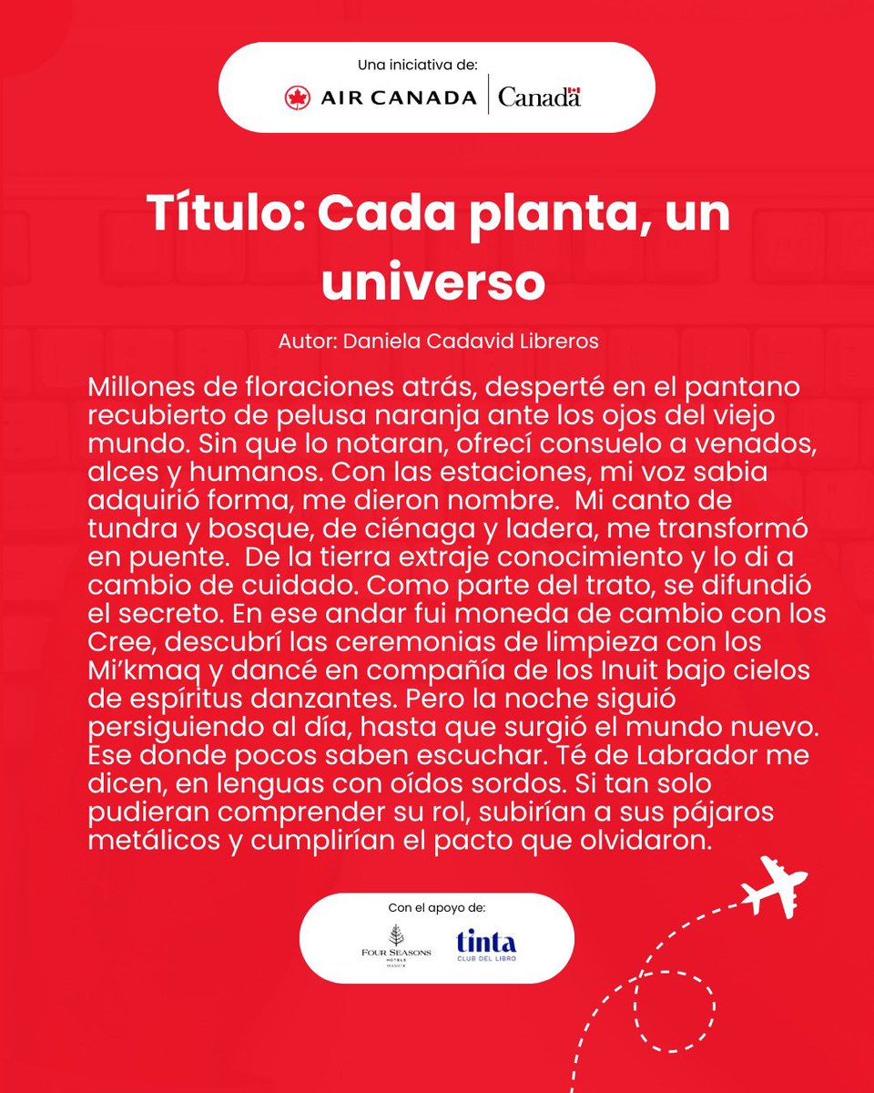 ¡Tenemos ganadores! 🎉✈️
La Embajada de Canadá y Air Canada, con el apoyo de Four Seasons y Tinta Club del Libro, anuncian a los ganadores de la 3ra edición del concurso Canadá en pocas palabras. 

Gracias a todos los participantes y ¡felicidades a los ganadores! ❤️ 👏