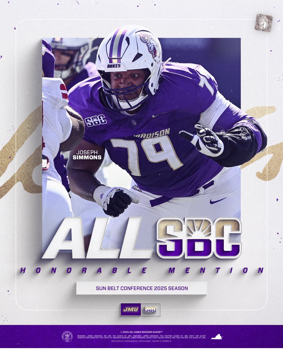 JMUFootball's tweet photo. 𝐇𝐨𝐧𝐨𝐫𝐚𝐛𝐥𝐞 𝐌𝐞𝐧𝐭𝐢𝐨𝐧 𝐀𝐥𝐥-𝐒𝐮𝐧 𝐁𝐞𝐥𝐭.

Congrats to Tyler, Big Jo, Lacota and Amar for picking up Honorable Mention accolades.

#GoDukes https://t.co/t8HkPc9SmO