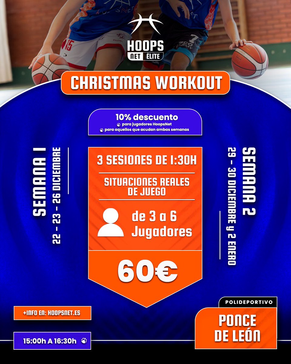 🏀 CHRISTMAS WORKOUT 🎄

Estas Navidades aprovecha para mejorar tu baloncesto entrenando en grupos reducidos, con sesiones enfocadas a toma de decisiones en situaciones reales que podrás aplicar desde el primer día.

✨ Plazas limitadas

📩 info@hoopsnet.es
💬 MD en RRSS