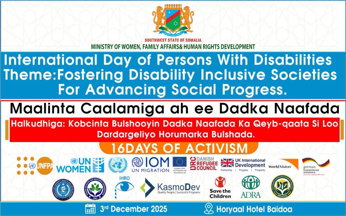 sws_mros's tweet photo. #SWSMROs participated the International Day of Persons with Disabilities event led by the SWS Ministry of Women, Family Affairs &amp; Human Rights and 16 Days Of Activism Fostering Disability Inclusive Societies.
 #disabiltiyInclusionMatters #SWSSomalia #DisabilityRights https://t.co/t2HY7lsBBx