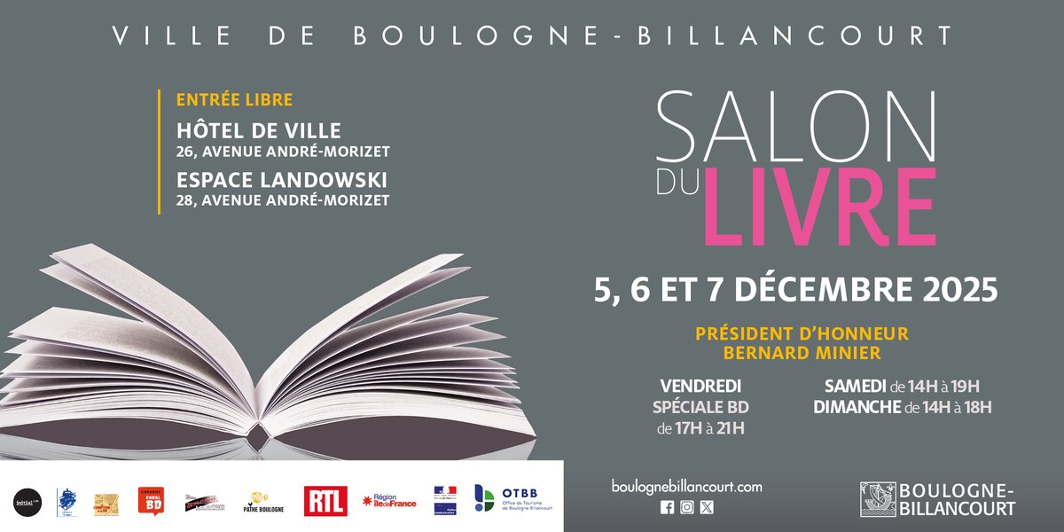 📚 𝗝-1 ! 𝗟𝗲 𝗦𝗮𝗹𝗼𝗻 𝗱𝘂 𝗟𝗶𝘃𝗿𝗲 𝗼𝘂𝘃𝗿𝗲 𝘁𝗿𝗲̀𝘀 𝗯𝗶𝗲𝗻𝘁𝗼̂𝘁 ! Venez rencontrer près de 300 auteurs de romans, essais et BD !  📷 𝗗𝘂 𝘃𝗲𝗻𝗱𝗿𝗲𝗱𝗶 𝟱 𝗮𝘂 𝗱𝗶𝗺𝗮𝗻𝗰𝗵𝗲 𝟳 𝗱𝗲́𝗰𝗲𝗺𝗯𝗿𝗲 📷otbb.org/salon-du-livre/
<a href="/Ville_BoulogneB/">Ville de Boulogne-Billancourt</a>

<a href="/BoulogneCulture/">Boulogne-Billancourt Culture</a>