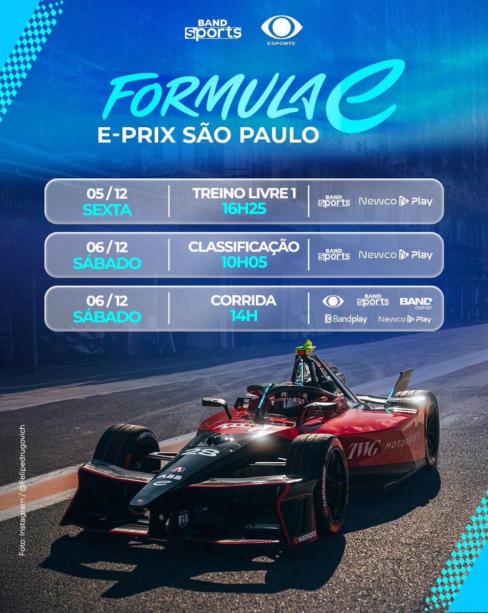 bandsports's tweet photo. FÓRMULA E VAI ELETRIZAR SÃO PAULO NESSE FINAL DE SEMANA! ⚡ Acompanhe todas as emoções do E-Prix de abertura da temporada 25/26 diretamente do Sambódromo do Anhembi e com cobertura completa do BandSports!
#FEnoBandSports #FórmulaE #Drugovich #LucasDiGrassi https://t.co/NmNcndQdrc