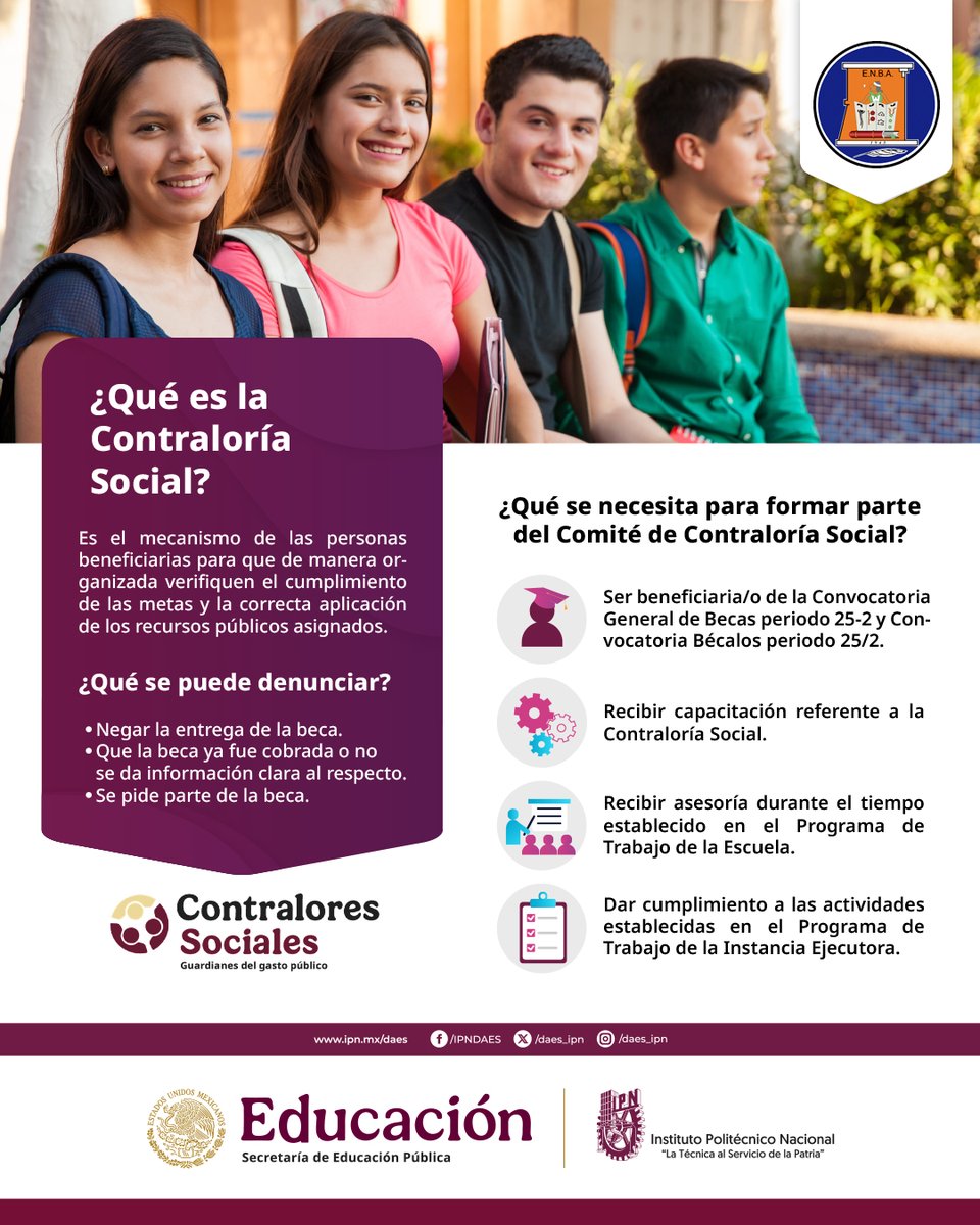 Ingresa en el siguiente enlace para mayor Información:
enba.ipn.mx/cono.../contra…
#ENBAIPN #enbaipnalumnos #ContraloriaSocialIPN #IPN