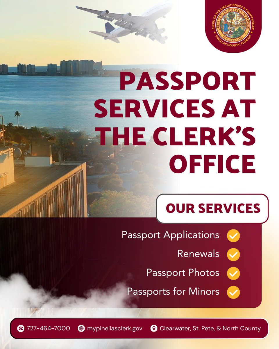 Planning international travel in the new year?

The Pinellas County Clerk's office provides passport applications and renewals year-round.

For detailed information on available passport services visit the link:
mypinellasclerk.gov/Home/Recording…

#PinellasClerk #ServingYou #FLClerks