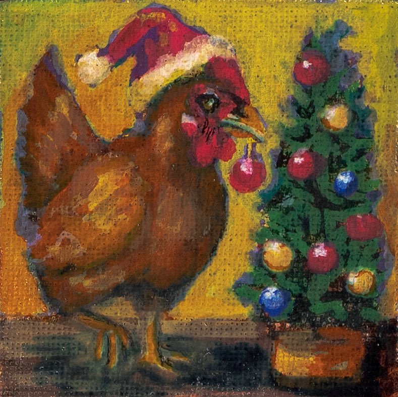 MichelleLeivan's tweet photo. On the 4th day of Christmas my true love gave to me: one extremely proud hen decorating a mini tree 🐔🎄❤️ so Adorable ☺️ 

Day 4 of my hand painted 2.5” magnet canvases for Advent with  Chickens🐔 

#ChickenAdvent #25DaysOfChickens #HolidayArtSeries #ChickenArt #WhimsicalArt https://t.co/mVBgQ17AdD