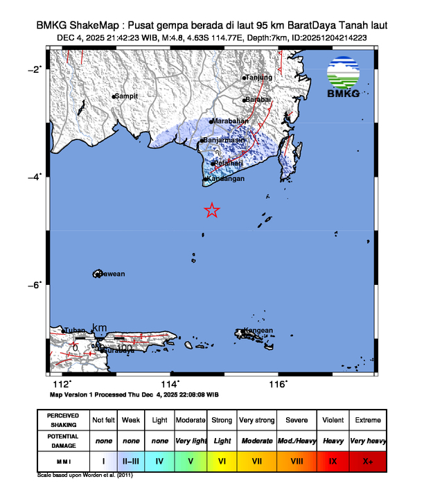 infoBMKG's tweet photo. #Gempa (UPDATE) Mag:4.8, 04-Des-25 21:42:23 WIB, Lok:4.63 LS, 114.77 BT (Pusat gempa berada di laut 95 km BaratDaya Tanah laut), Kedlmn:7 Km Dirasakan (MMI) II-III Banjarbaru #BMKG https://t.co/r2eOSnIhbz