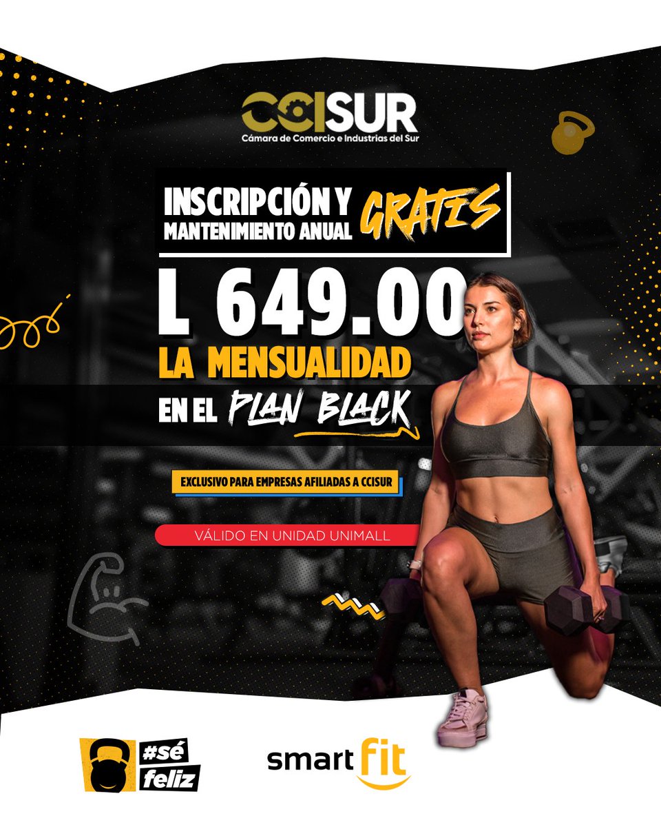¡Atención empresas afiliadas a la CCISUR! 🎉

¡Transforma tu rutina con el Plan Corporativo de Smart Fit! 💪✨
Si trabajas en una empresa afiliada a CCISUR, presenta tu carnet laboral o constancia de afiliación a la cámara de comercio.

RESTRICIONES APLICAN 🚫