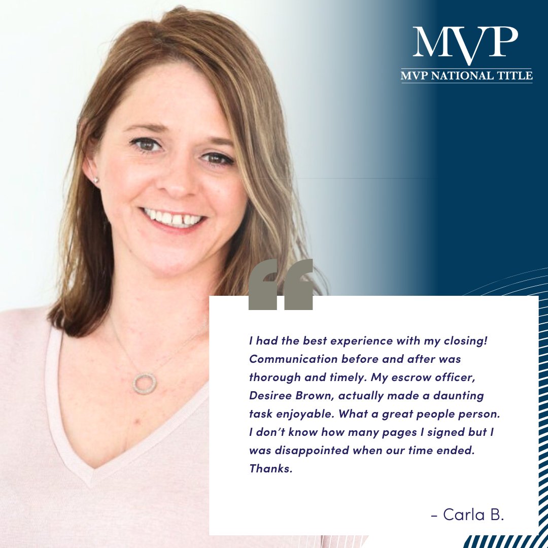 MVPTitle's tweet photo. Congrats to our #EscrowAgent, Desiree R. R. Brown, on this #TestimonialThursday from Carla! https://t.co/G88FsTMDIj