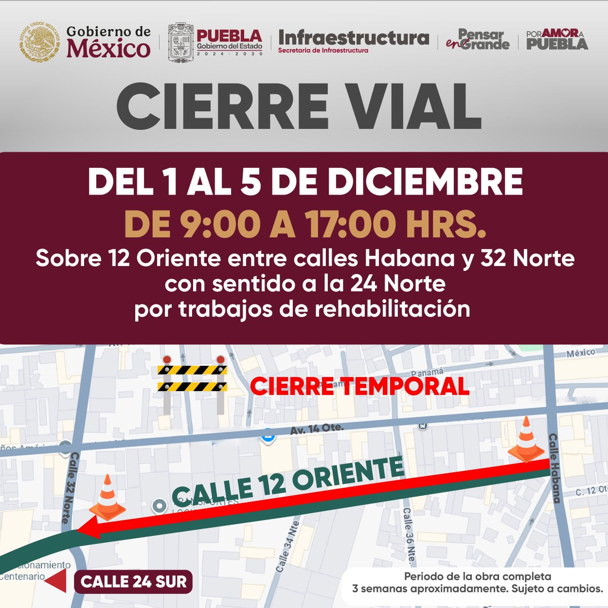 🚧 #InfraInforma | Mantenemos el cierre vial sobre 12 Oriente entre calles Habana y 32 Norte con sentido a la 24 Norte.

El <a href="/Gob_Puebla/">Gobierno de Puebla</a> a través de los Módulos de Pavimentación inicia la rehabilitación de esta importante vialidad. La dependencia exhorta a las y los automovilistas